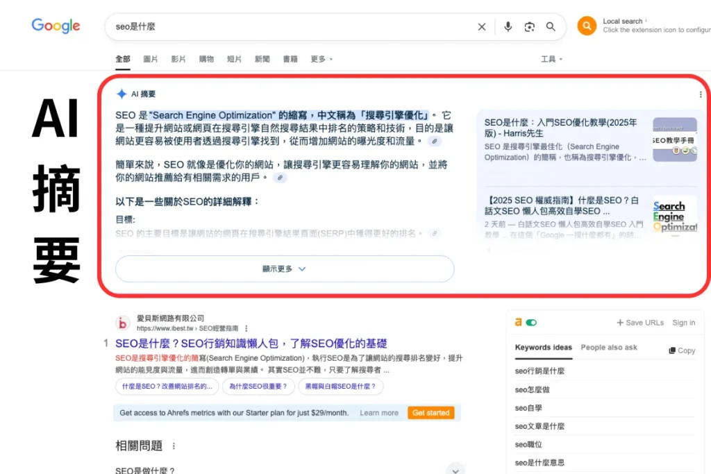 Google AI 摘要,利用 生成式 AI(如 Gemini 大型語言模型),在搜尋結果的最上方提供一段由多個來源整合而成的答案摘要,直接回應使用者的查詢。這讓使用者不需要點進多個網站,就能快速獲得簡潔、有條理的解答。
