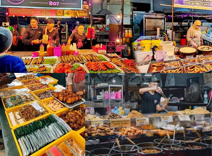 加東夜市攤位林立，展現汶萊夜晚的在地生活氛圍