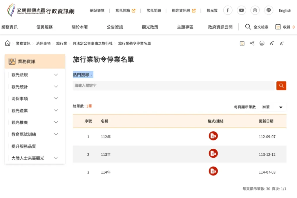 觀光署旅行社停業查詢結果依年份排序