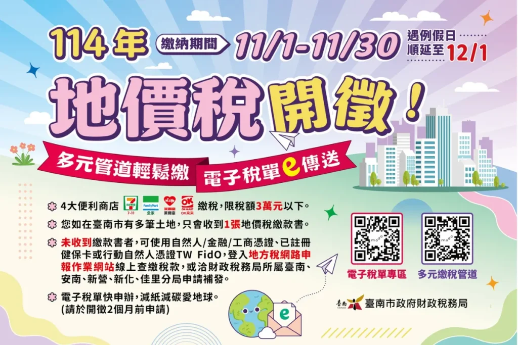 2025 地價稅繳費期間:11/1 - 11/30