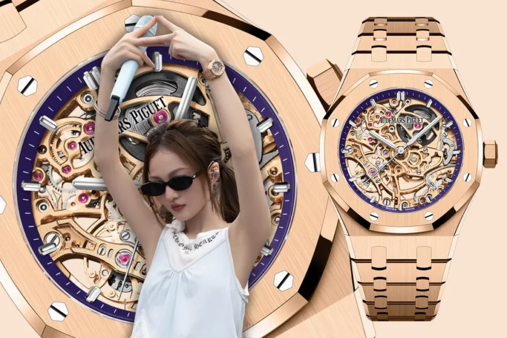 張韶涵演唱會戴的手錶:Audemars Piguet 皇家橡樹雙擺輪鏤空腕錶(37mm 玫瑰金)