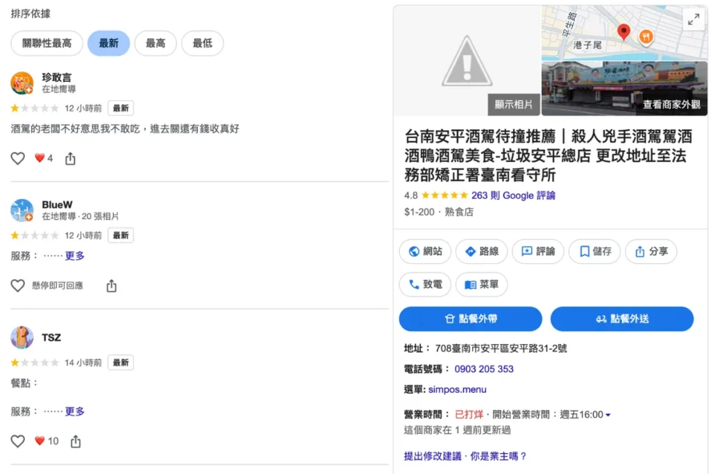 台南「扒趴鴨」老闆酒駕撞死清潔員,店家被灌爆負評