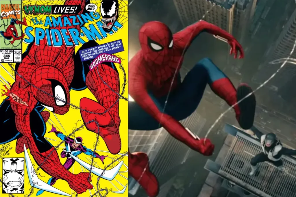 致敬《The Amazing Spider-Man》#345 封面,可以看見對手是運動員出身的反派「Boomerang」(迴力鏢,暫譯)。(左圖翻攝自 Marvel Comics;右圖翻攝自官方預告)