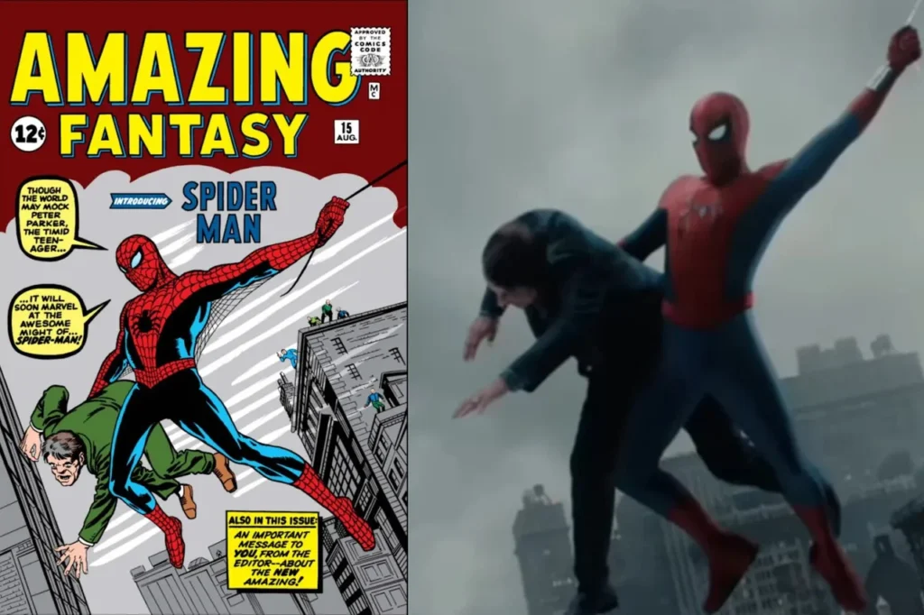 向蜘蛛人 1962 年漫畫初登場《Amazing Fantasy》#15 封面致敬的橋段。(左圖翻攝自 Marvel Comics;右圖翻攝自官方預告)