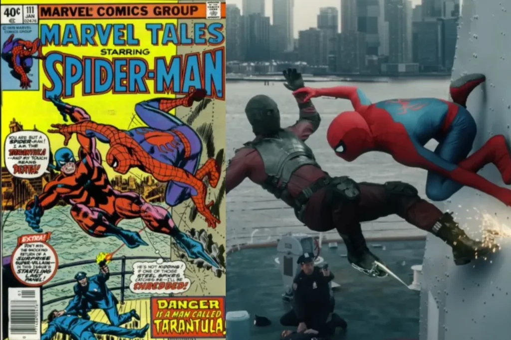 致敬《Marvel Tales》#111 封面,對手是「Tarantula」(狼蛛,占譯),連下方警察姿勢都如出一轍。(左圖翻攝自 Marvel Comics;右圖翻攝自官方預告)