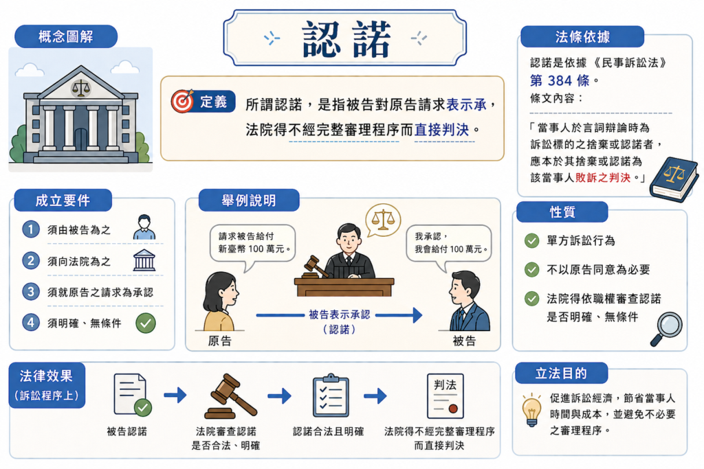 認諾是指在民事訴訟中,被告在法庭上完全承認原告所主張的權利與請求(即同意原告的訴訟請求),認輸且不保留抗辯的意思表示。