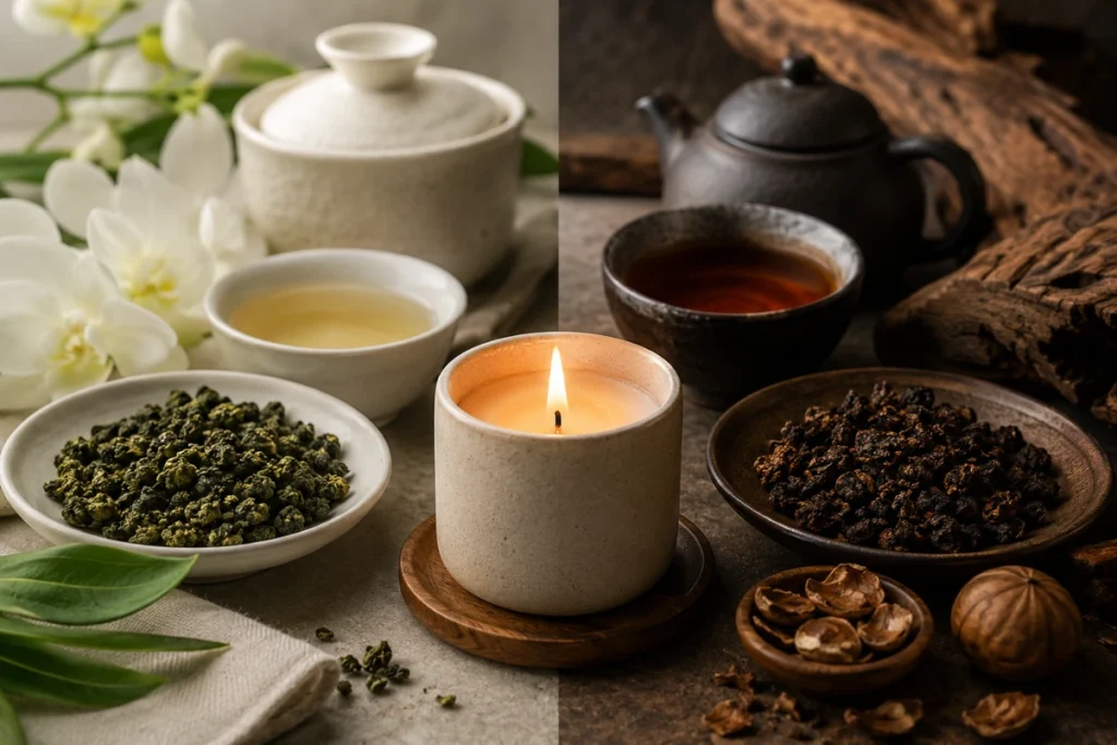 烏龍茶香氛蠟燭可呈現清香茶葉、焙火、花香、果香與木質氣息