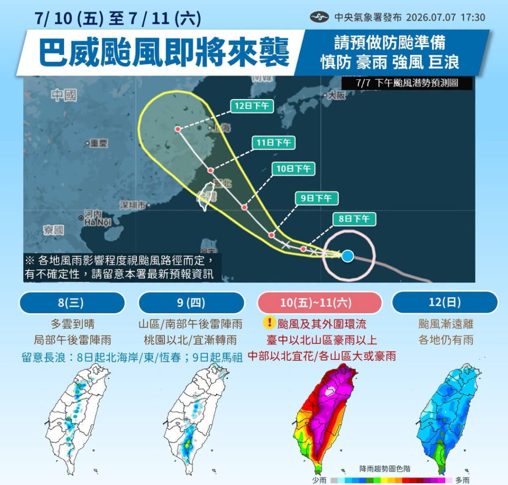 巴威颱風一週天氣與風雨影響